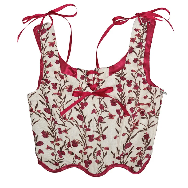 

Floral Printing Petal Strap Corset with Bow Waist Cinchers Sexy Bodycon Camisole Tops Vest Flounce Irregular Suspender Shaper