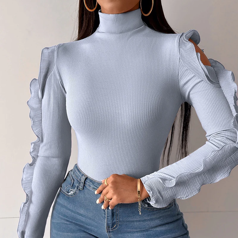 

Elegant Turtleneck Pit Stripe Slim Pullover Sexy Hollow Out Long Sleeved Ruffled Top Blouses 2024 New Spring Office Tight Shirt