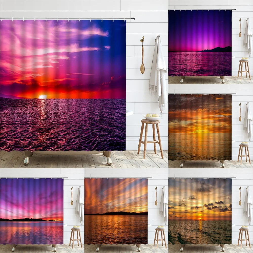 

Sunset Sandy Beach Shower Curtain Tropical Ocean Coastal Colorful Sky Seascape Nature Scenic Fabric Bathroom Decor Curtains Sets