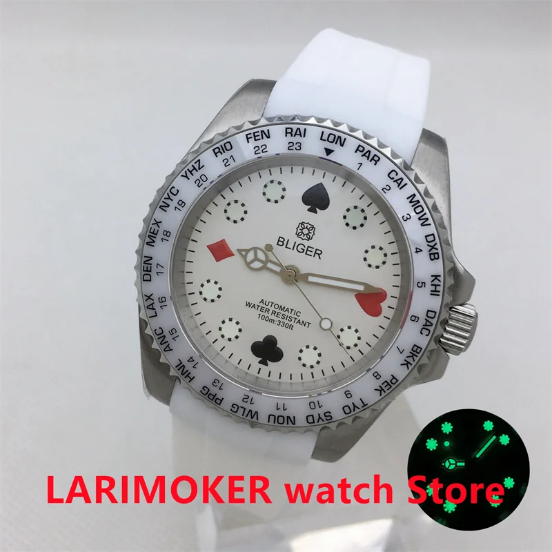 BLIGER new design NH35A40mm Men's mechanical watch Silver case ceramic bezel sapphire glass white dial rubber strap green lumino
BLIGER new design NH35A40mm Men's mechanical watch Silver case ceramic bezel sapphire glass white dial rubber strap green lumino