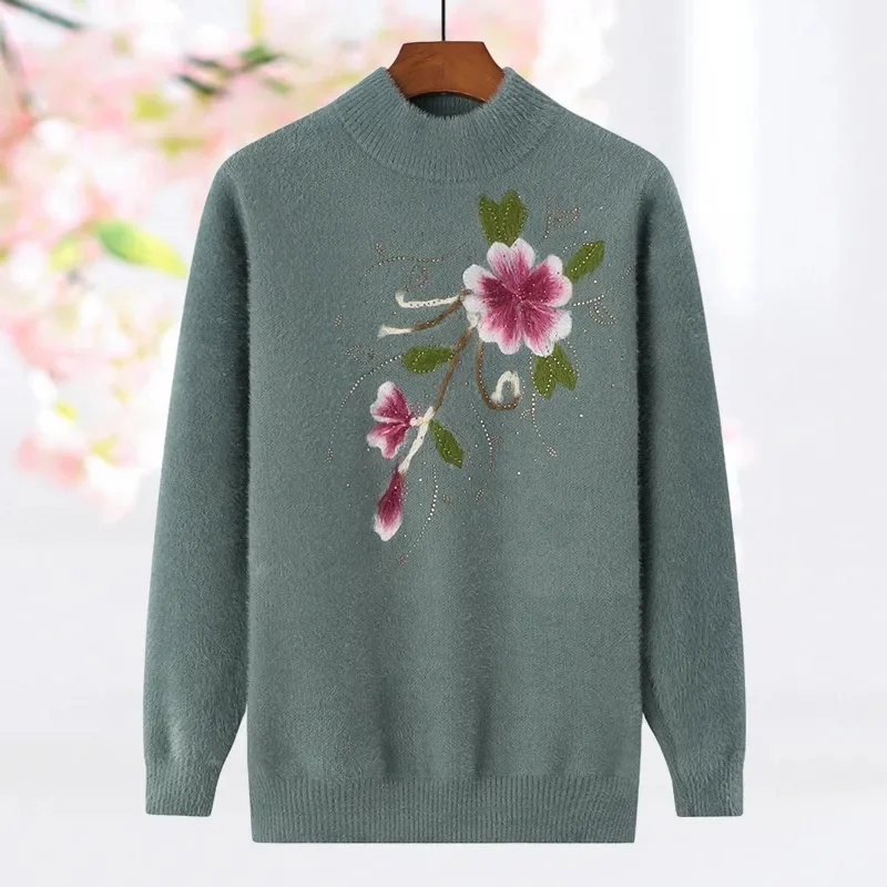 

Winter Half-Turtleneck Thick Sweater Middle-Aged Elderly Women's Pullover Loosely Embroidered Mink Velvet Bottoming Shirt Top