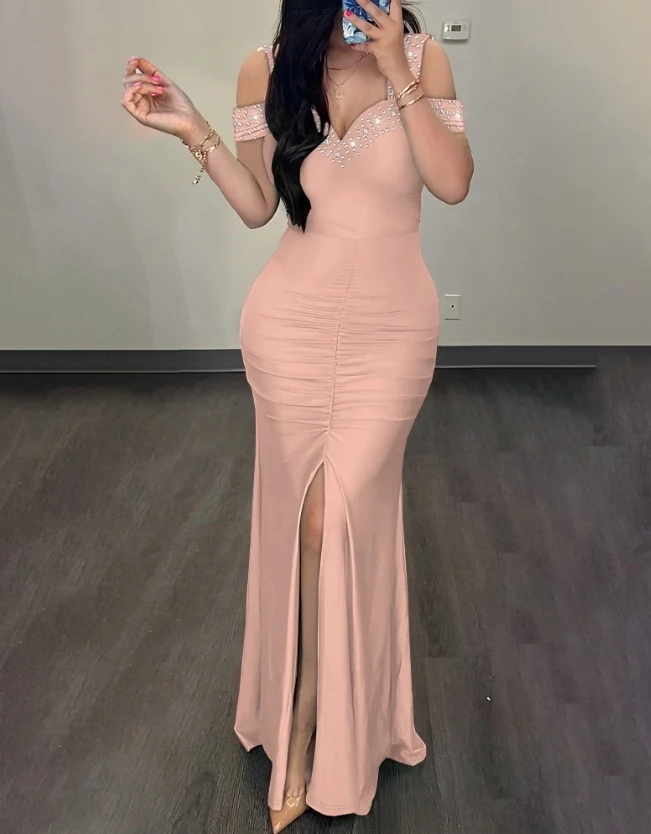 

Wedding Guest Dress Autumn Fashion Daily Casual Commuting Rhinestone Cold Shoulder Slit Ruched Party Sexy Dresses for Women 2023