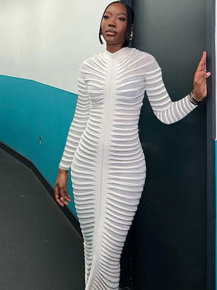 Asymmetrical Knit See Through O-neck Bodycon Pleated Dress Women Long Sleeve Sexy Party Night Clubwear Black White Long Dresses 
Asymmetrical Knit See Through O-neck Bodycon Pleated Dress Women Long Sleeve Sexy Party Night Clubwear Black White Long Dresses