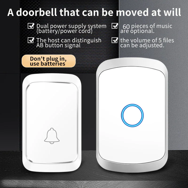 CACAZI Wireless Doorbell Waterproof Door Bell 300M Long Distance 60 Musics DC Battery Smart Home Security LED Light Door Chimes
CACAZI Wireless Doorbell Waterproof Door Bell 300M Long Distance 60 Musics DC Battery Smart Home Security LED Light Door Chimes