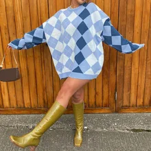 Loose Casual Plaid Knitted Jumpers Autumn O-Neck Long Sleeve Blue Top Knitwear Pullovers 2021 Women Oversized Thicken Sweater
Loose Casual Plaid Knitted Jumpers Autumn O-Neck Long Sleeve Blue Top Knitwear Pullovers 2021 Women Oversized Thicken Sweater
