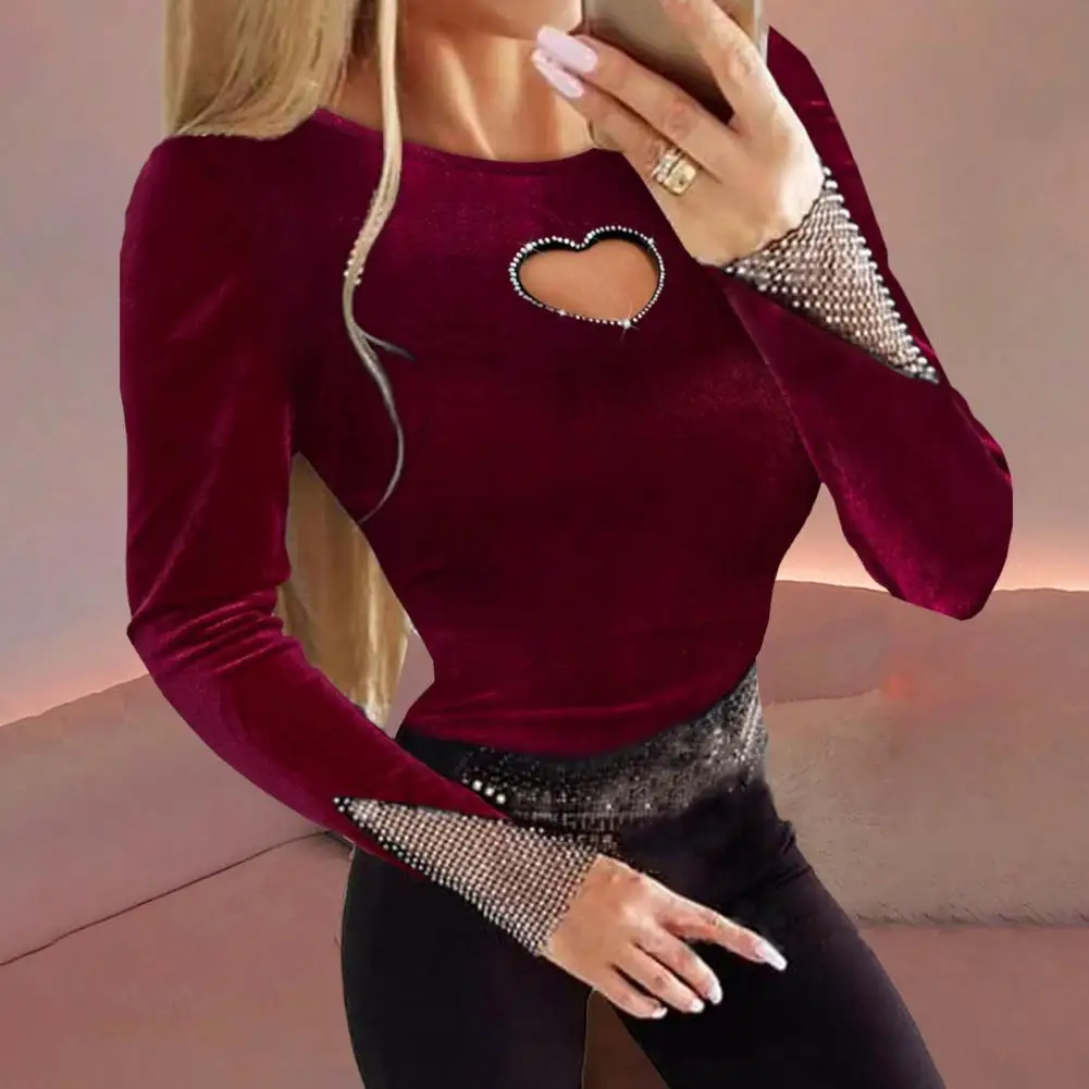 

Женский облегающий Топ, элегантный фатиновый бархатный топ в стиле пэчворк с вырезами в форме сердца, Женская облегающая футболка, блузка с длинным рукавом