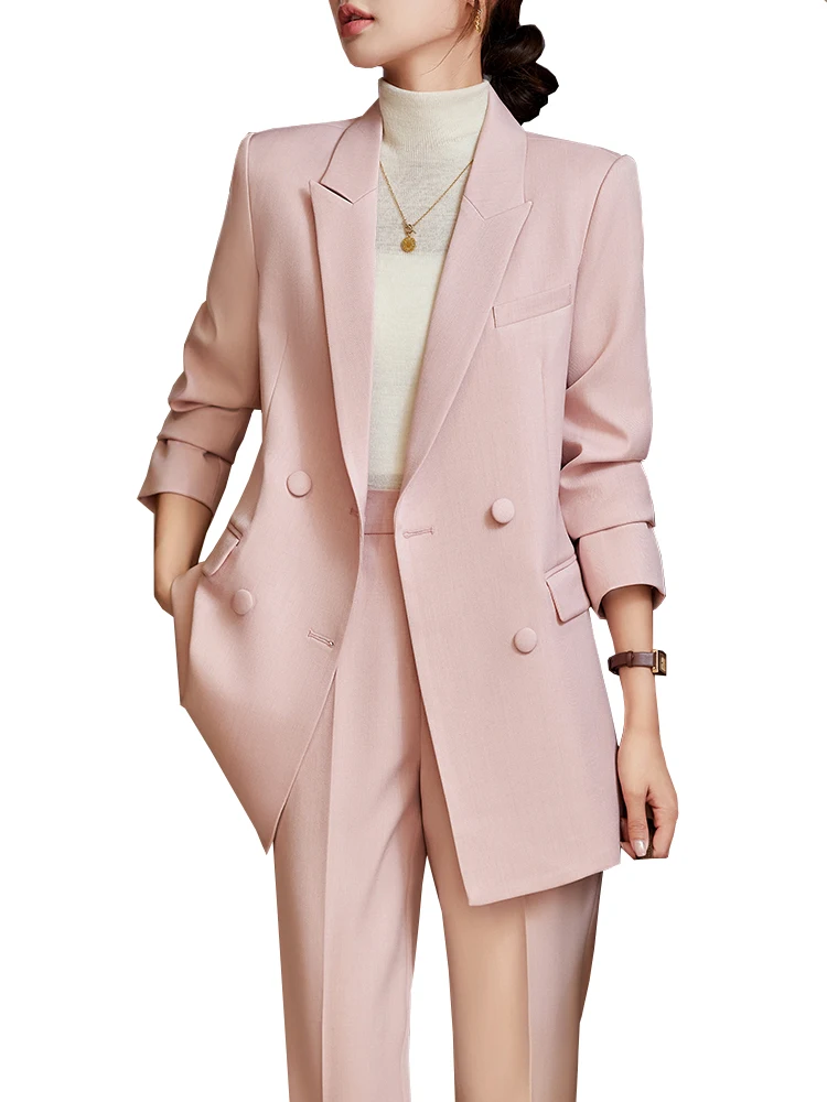 

Fashion Ladies Pant Suit Women Pink Apricot Black Female Casual Jacket Blazer and Trouser 2 Piece Set