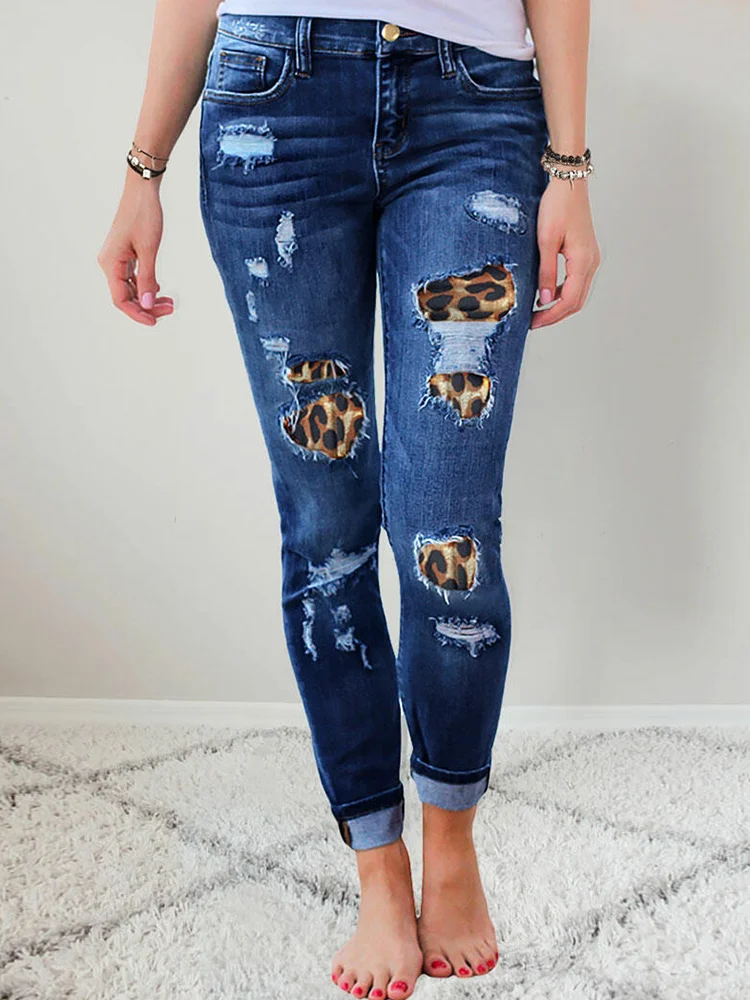 

Women's Patchwork Destroyed Raw Hem Jeans Ripped Hole Boyfriend Denim Pants Leopard Patch High Waist Skinny Jeans with Pockets