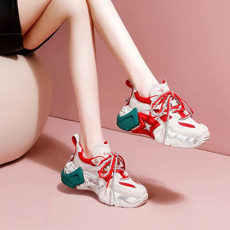 

New Women's Thick Sole Sneakers Lace Up White Vulcanized Shoes Casual Fashion Dad Shoes Thick Sole Sneakers Zapatillas Mujer
