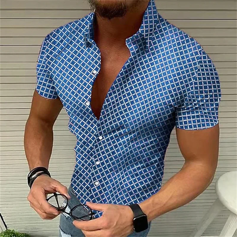 

2023 new summer men's retro plaid blue shirt fashion casual luxury shirt short sleeve Hawaiian shirt camisa Masculina 5XL