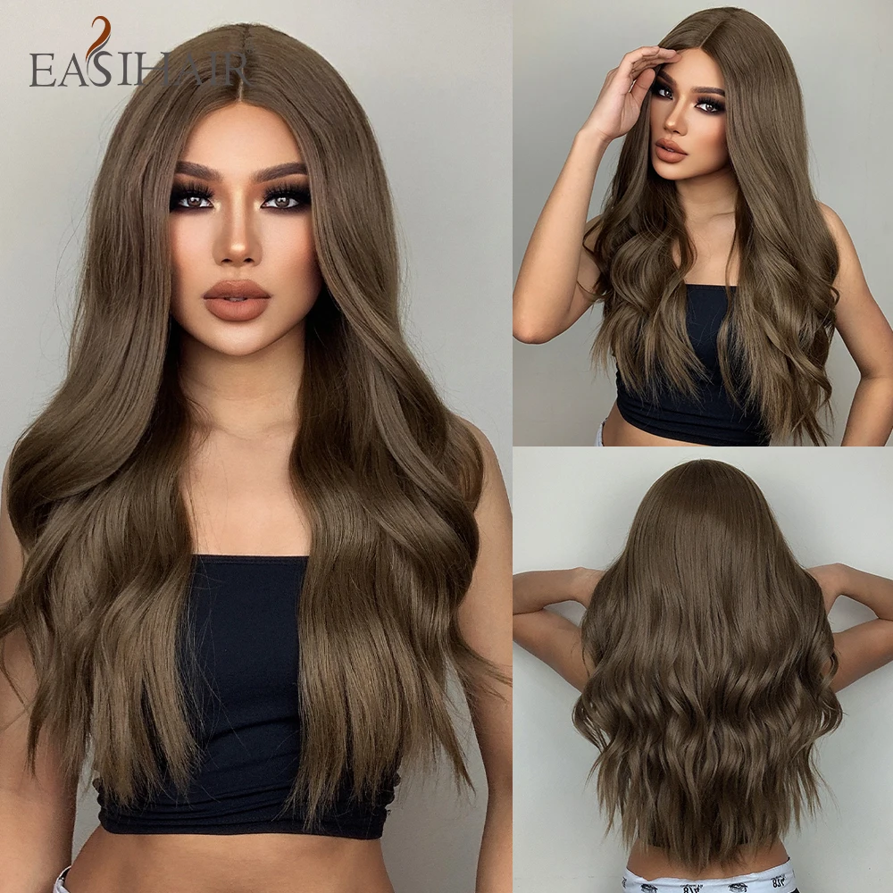 

EASIHAIR Long Wavy Brown Lace Front Synthetic Wigs High Density Lace Frontal Wig for Africa American Women Cosplay Natural Wigs