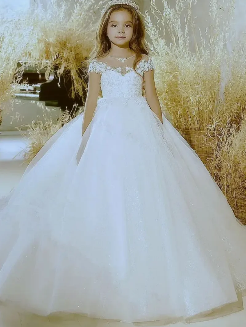

Кружевное платье с аппликацией для первого причастия, белое Тюлевое платье с цветочным рисунком для девочек, Свадебное бальное платье с бантом, платья принцессы