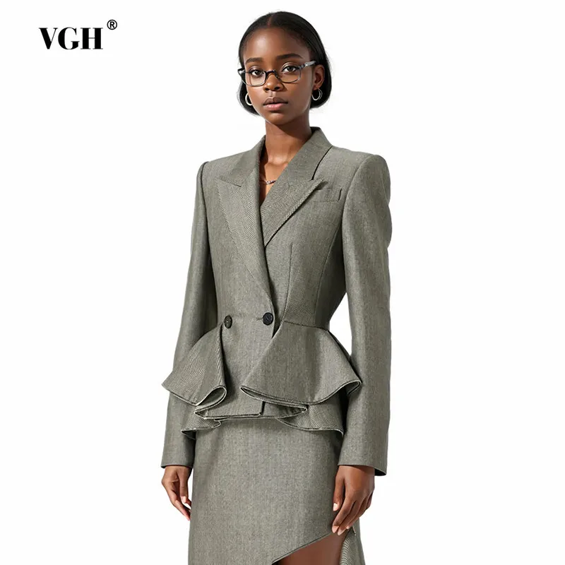 

VGH Solid Patchwork Pockets Casual Blazers For Women Notched Collar Long Sleeve Spliced Double Button Slimming Blazer Female New