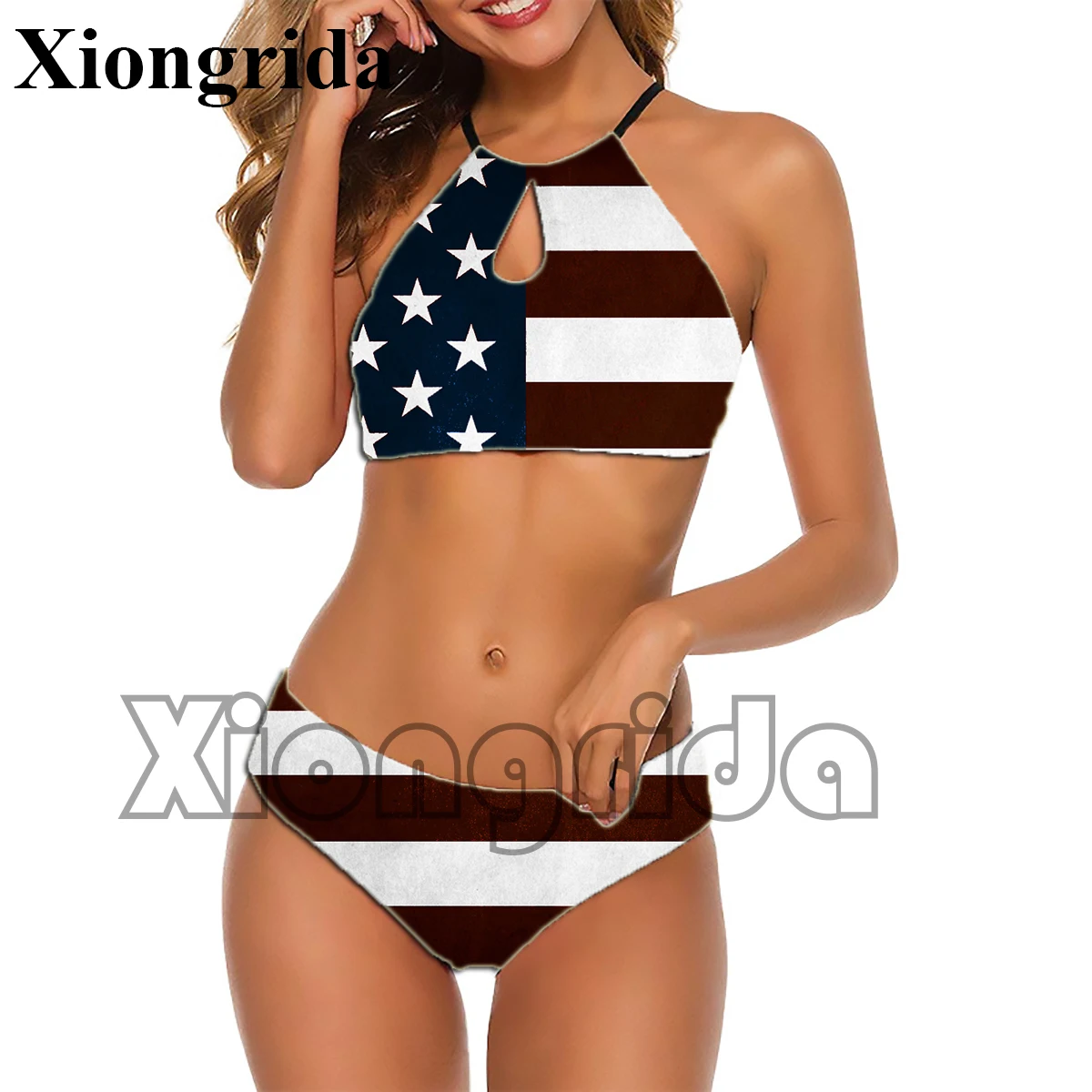 

Sexy USA Flag Print Bikinis Set Slim Stars and Stripes 2 Pieces Swimsuit American Flag Print Halter Backless Swimwear Beachwear