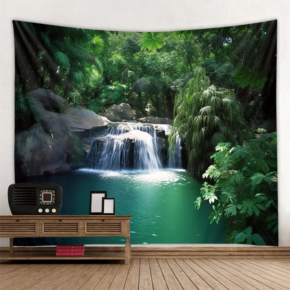 

Beautiful natural landscape tapestry forest waterfall wall hanging home background cloth Bohemian room aesthetic art decoration