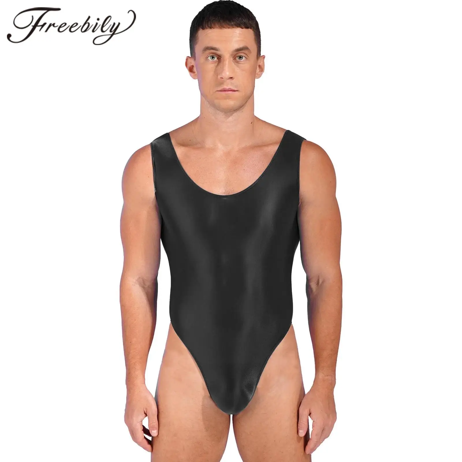 

Mens Swimwear Backless Glossy Bodysuit Pool Party Swimsuit One-piece Homme Bathing Suits High Cut Sleeveless Gymnastics Leotard