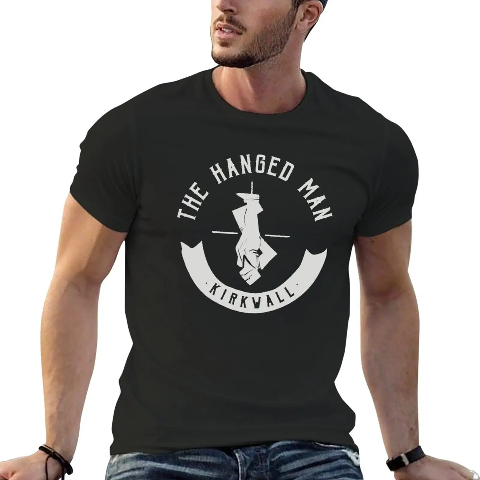 

Мужская футболка с белым логотипом The Hanged Man Pub LogoDragon Age 2, милая одежда, корейская мода, простые черные футболки для мужчин