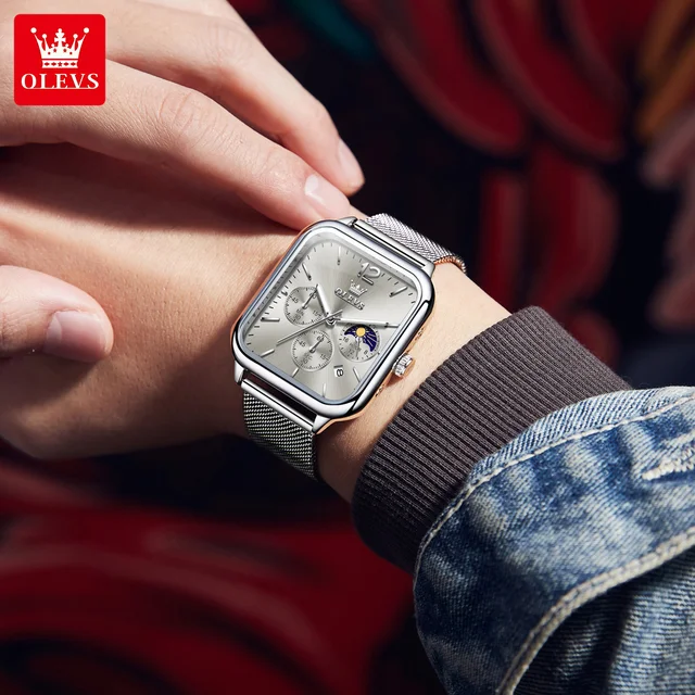 OLEVS-Montre à Quartz Étanche pour Homme, Cadran Carré, Shoous, Phase de Lune, Date, Chronographe, Tendance, Mode Originale 2