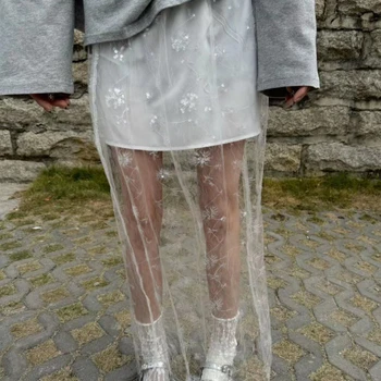 Saia Flare Branca Perspectiva Sexy: O Estilo Perfeito para o Verão 9 DEEPTOWN See Through Long Skirt Women White Korean Fashion High Waist A-line Sequin Lace Patchwork Sexy Transparent Mesh Skirt