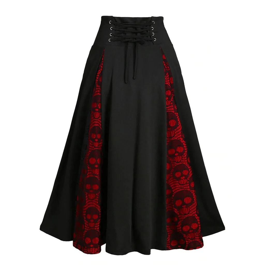 

Women Skirt Summer Gothic Maxi High Waist Ruffled Hem A-Line Patchwork Vintage Skirts Pleated Casual Halloween Party Skirt