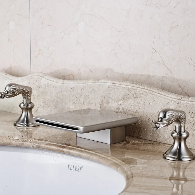 

Vidric Deck Mounted Waterfall Bathroom Faucet Tap Dual Handles Brushed Nickel Bath Spout Mixer Faucet