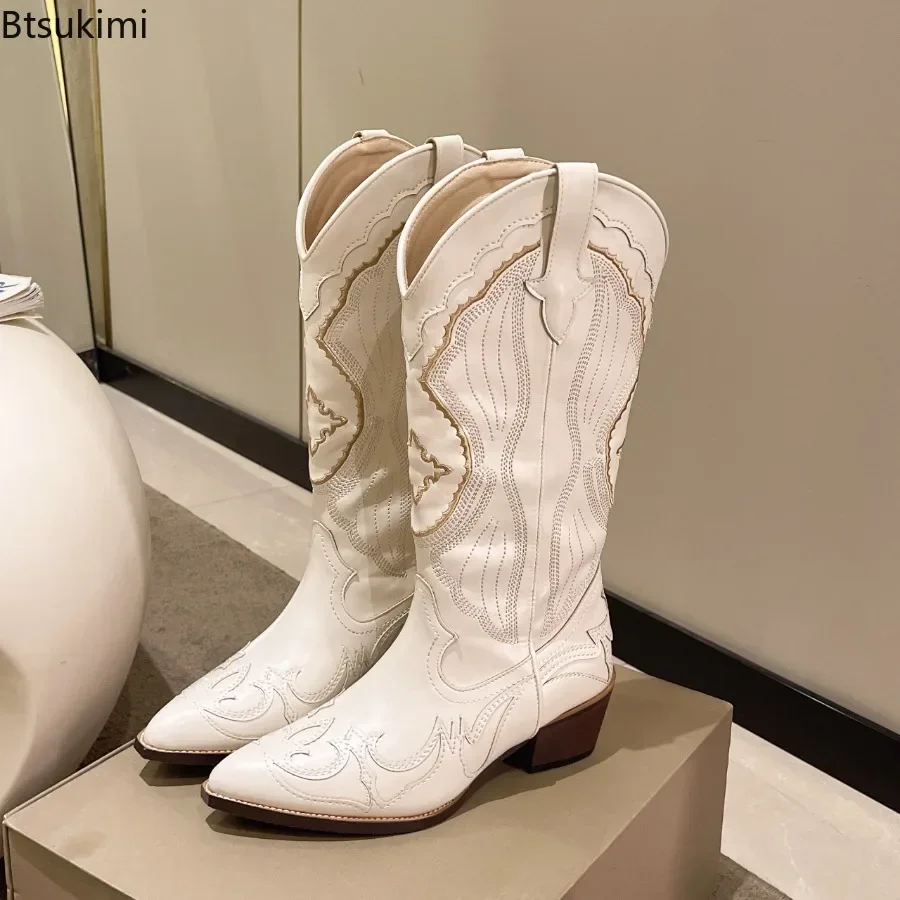 

New 2024 Women's Leather Mid Calf Western Boots Cowboy Pointed Toe Knee High Martin Boots Female White Embroidered Botas Mujer