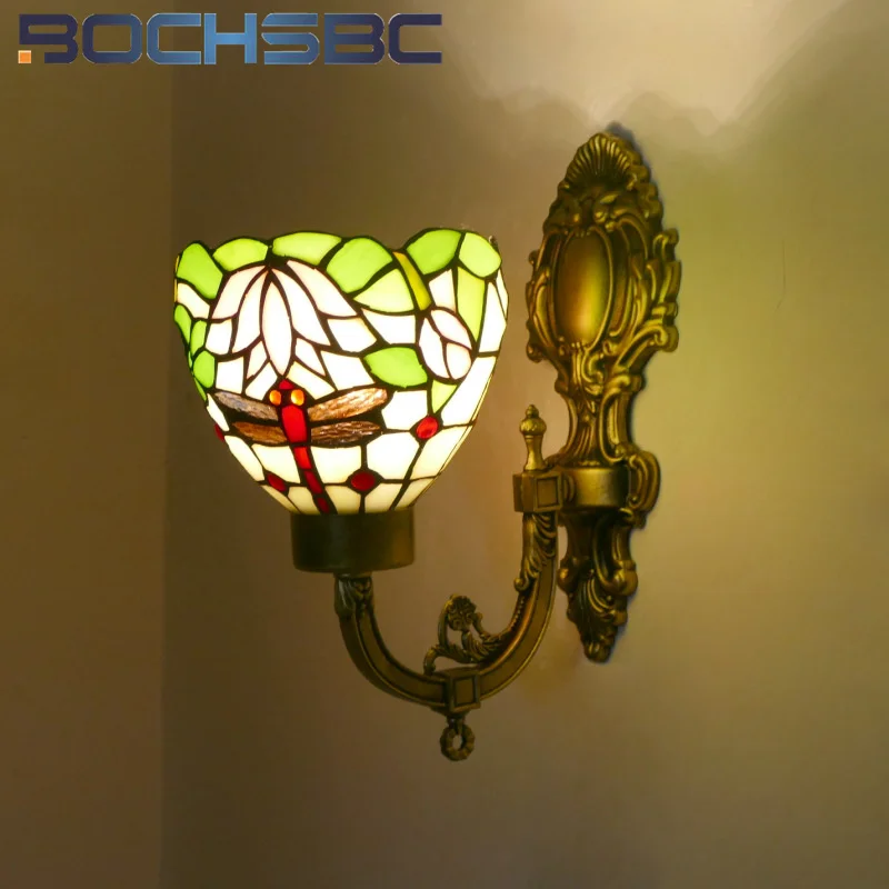 

BOCHSBC Tiffany style stained glass Nordic retro wall lamp for bedroom bedside lamp balcony aisle living room hotel LED decor
