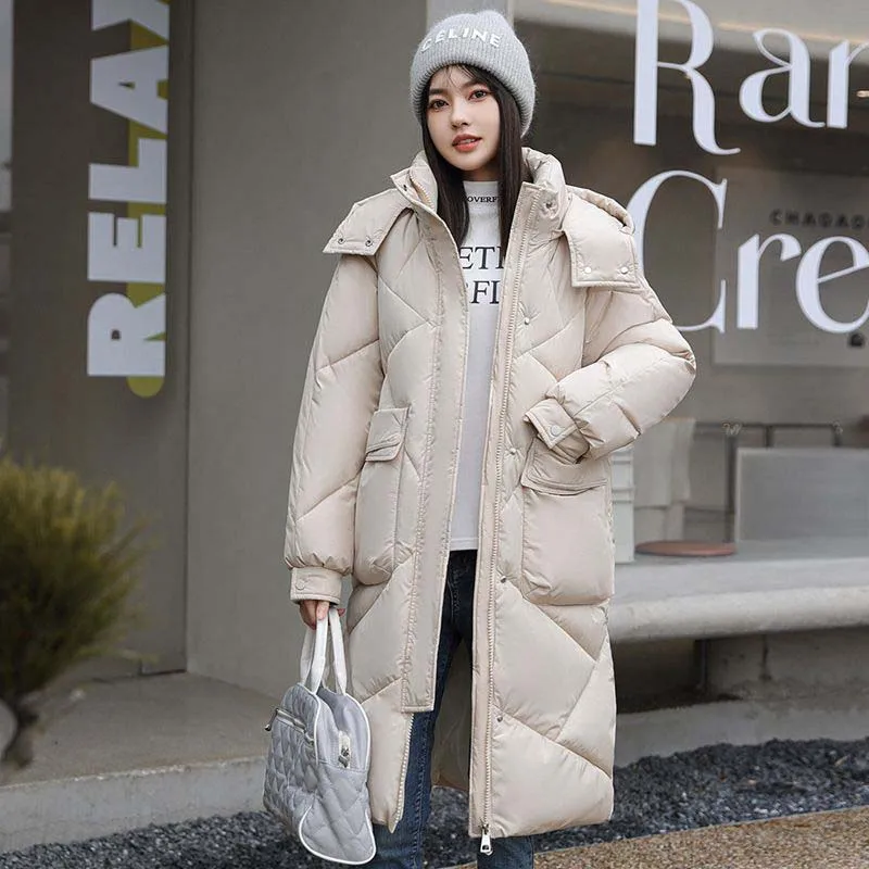 

Winter Rhombic Lattice Long Plaid Parkas Women Loose Cotton Coat Hooded Solid Pocket Vintage Thicken Warm Zipper Casual Jacket