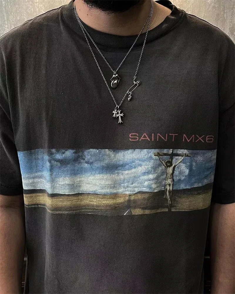 

High Street SAINT MICHAEL SKY SS T Shirt Men Women 1:1 High Quality Sky Jesus Washed Old Short Sleeves T-shirt Tops Tee