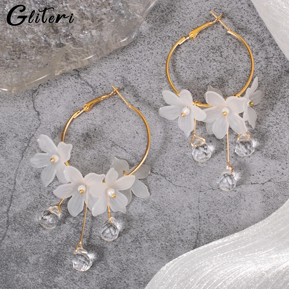 

GEITERI Trendy 1Pair Crystal Flower Earrings For Women Girls Korean Style Water Drop Pendant Hoop Earring Jewelry Wedding Gifts