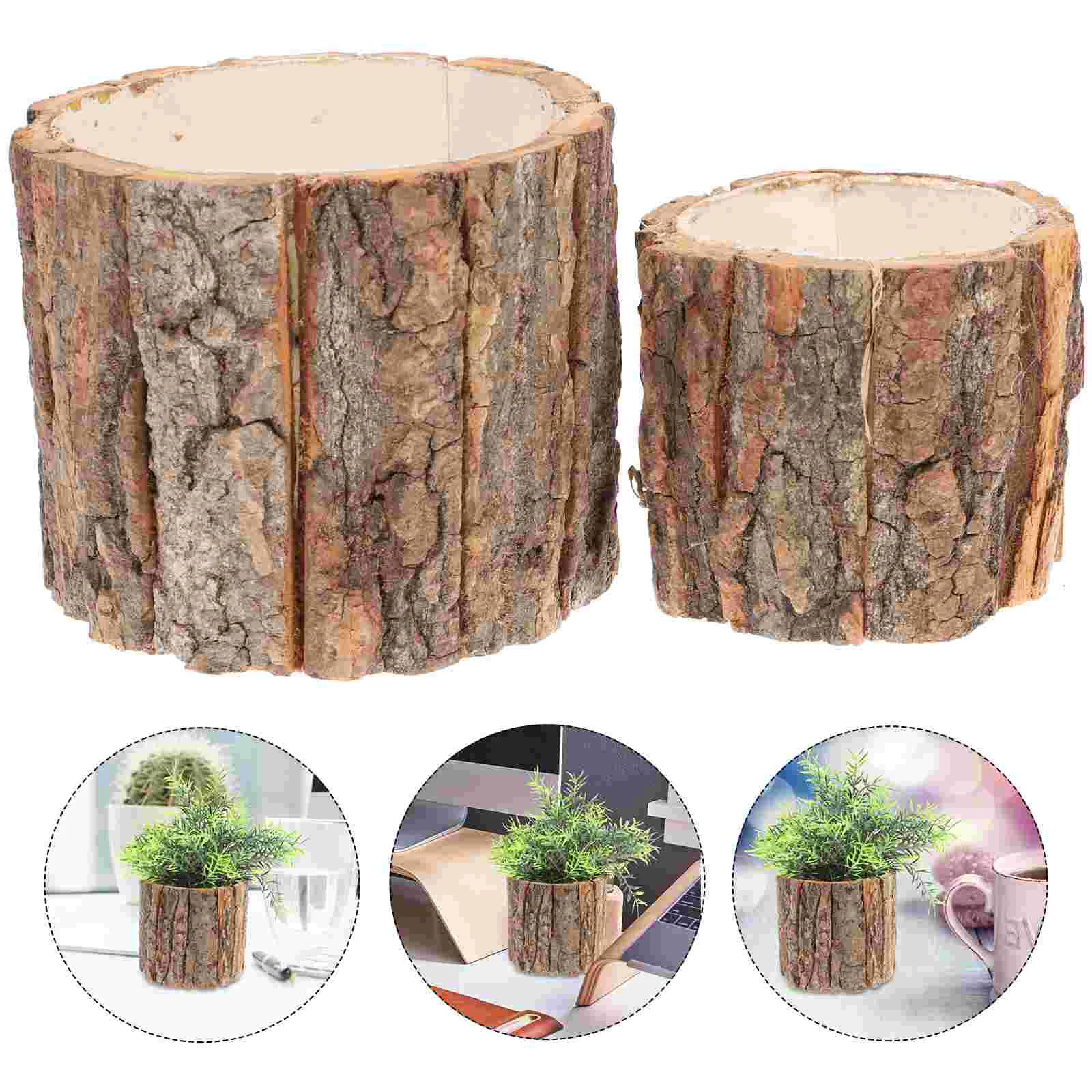 

Generic Wooden Flower Pot Natural Wood Bark Flower Bucket Barrel Planters Rustic Shabby Vase Farmhouse Planter Pot