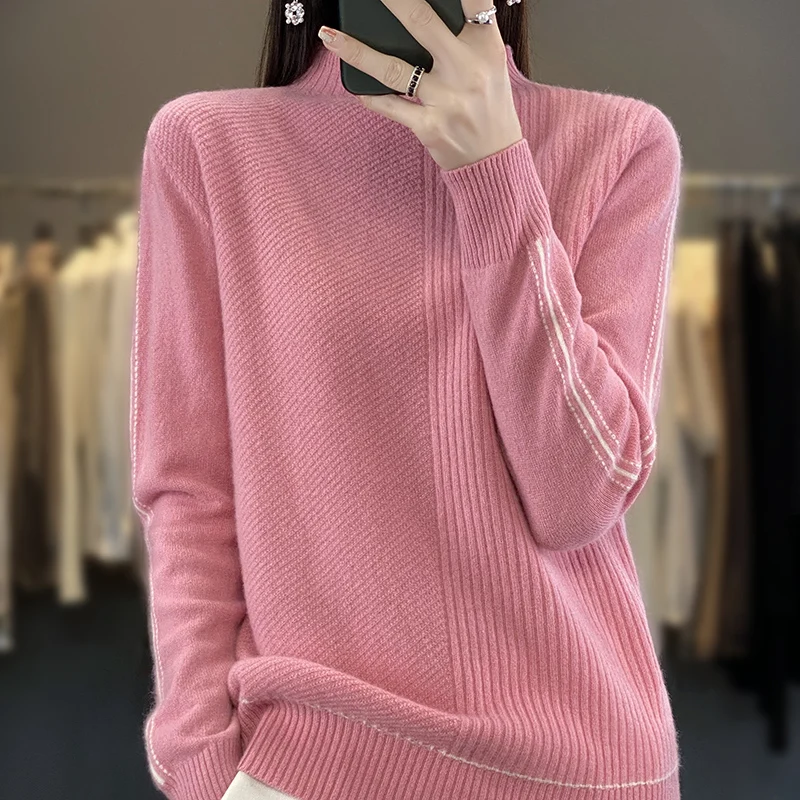 Fall/Winter New Women's Semi-high Collar 100% Merino Sweater Knitted Sweater with Color Matching Loose Top
Fall/Winter New Women's Semi-high Collar 100% Merino Sweater Knitted Sweater with Color Matching Loose Top