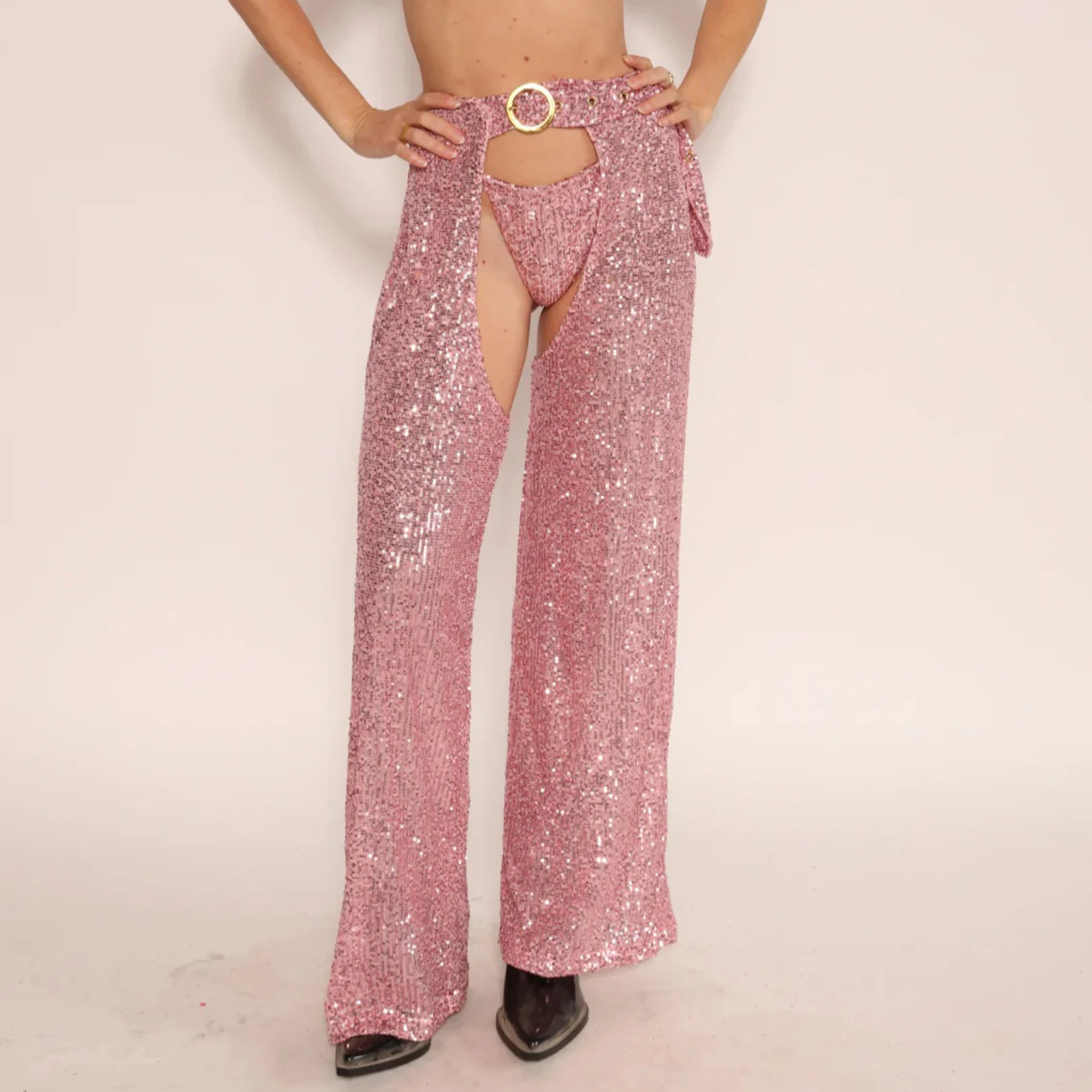 

Women Sequin Pants Sexy Open Crotch Sparkly Glitter Wide Leg Pants Fashion Valentines Day Club Party Trousers