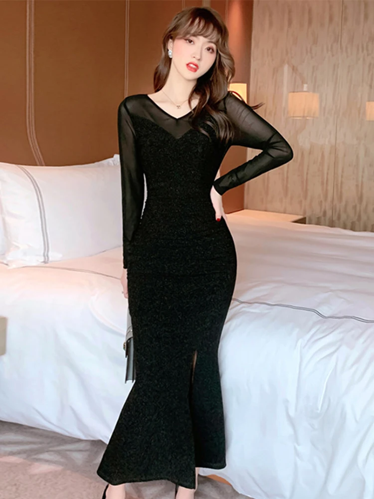 

Spring Temperament Elegant Dress Women 2022 Black Silk Long Sleeves Wrap Hip Skinny Slit Club Party Trumpet Robe Femme Vestidos