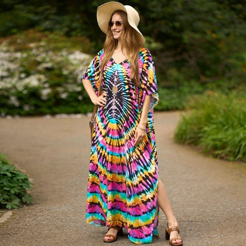 

Circle Tie Dye PlusSize Dress Colorful Hippie Stylish Chic Long Tube Rayon Nighty Resortwear Hawaii Vacation Kaftan Mexican Robe