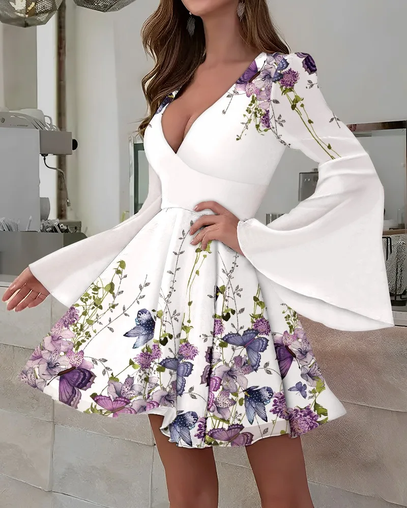 

Summer Women Butterfly Floral Print Bell Sleeve Party Dresses Round Neck Long Sleeve Casual Loose Elegant A-Line Dress