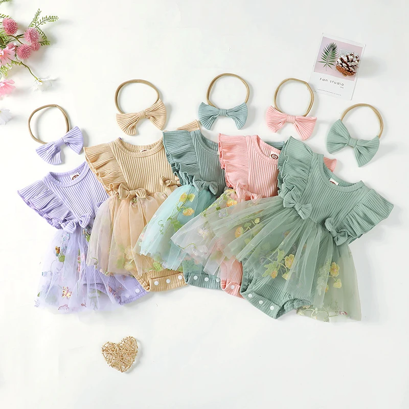 

Suefunskry Baby Girls Romper Dress Fly Sleeve Flower Embroidery Tulle Skirt Hem Infant Bodysuits Summer Clothes with Headband
