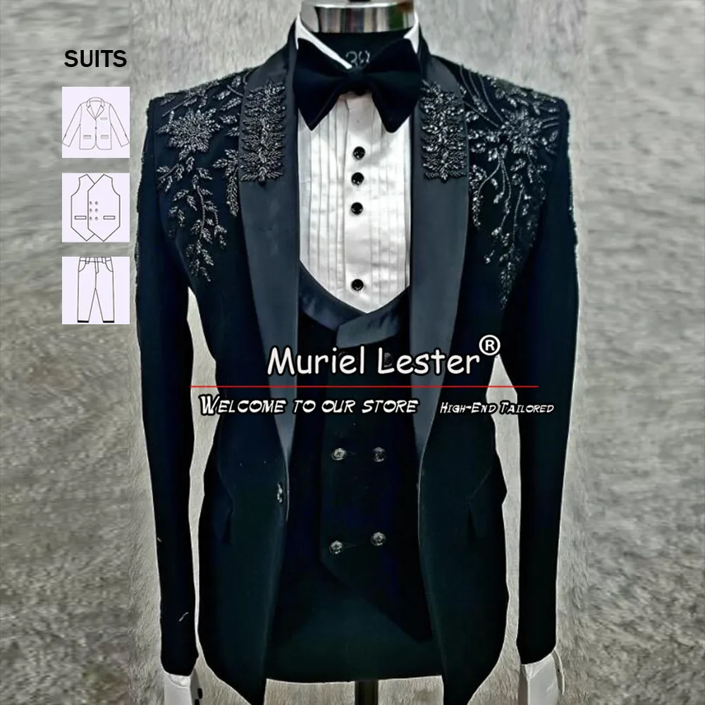 

Beaded Men Suits Luxury Peaked Lapel Groom Tuxedos Wedding Prom Blazers Pants Outfit 3 Pieces Sets Trajes Elegante Para Hombres