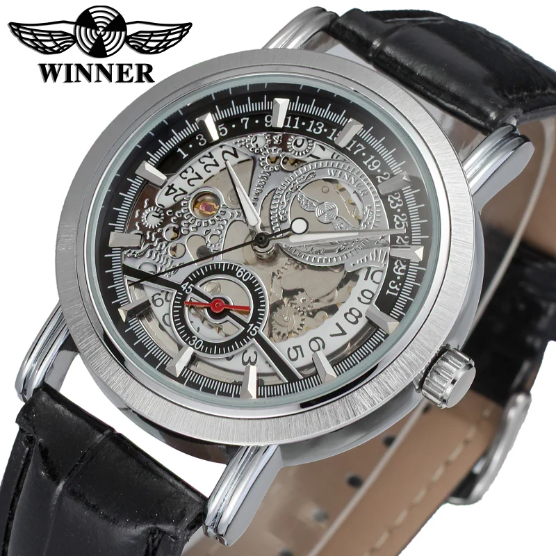 

Winner Brand Mechanical Watch Men's Automatic PU Leather Strap Skeleton Fashion Business Dress Wrist Watches Reloj Hombre Gift