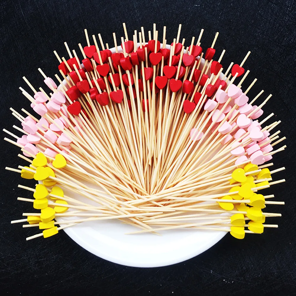 

100pcs 12cm Heart Flower Bamboo Pick Buffet Cupcake Fruit Fork Party Dessert Salad Stick Cocktail Skewer for Wedding Decor