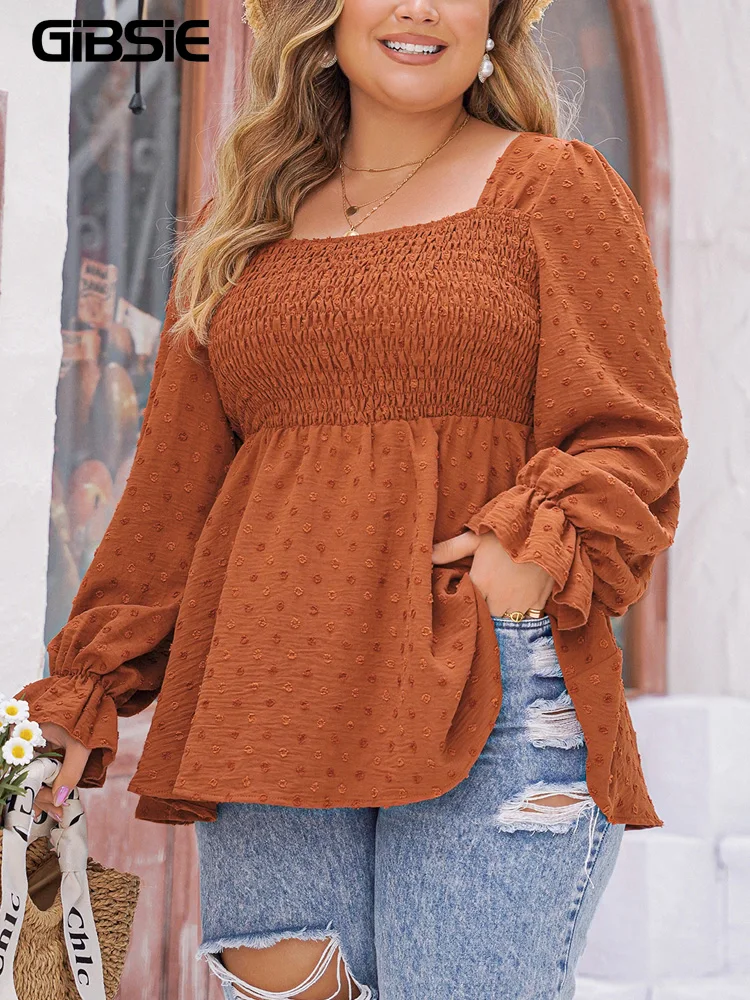 

GIBSIE Plus Size Swiss Dot Square Neck Peplum Blouse Women 2024 Spring Casual Loose Long Sleeve Sweet Ladies Tops and Blouses