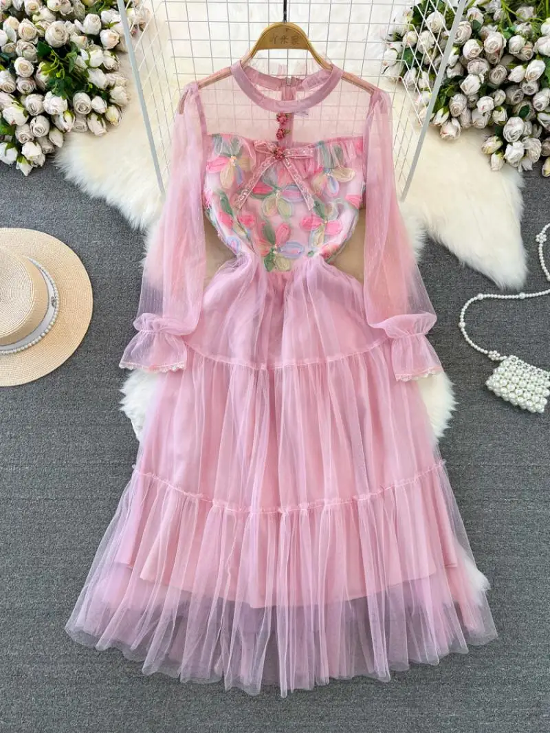 

Pink Long-Sleeved Round Neck See Through Look Mesh Splicing Waist Slimming Mid-Length A-Line Large Hem Dress One-Piece Dresses