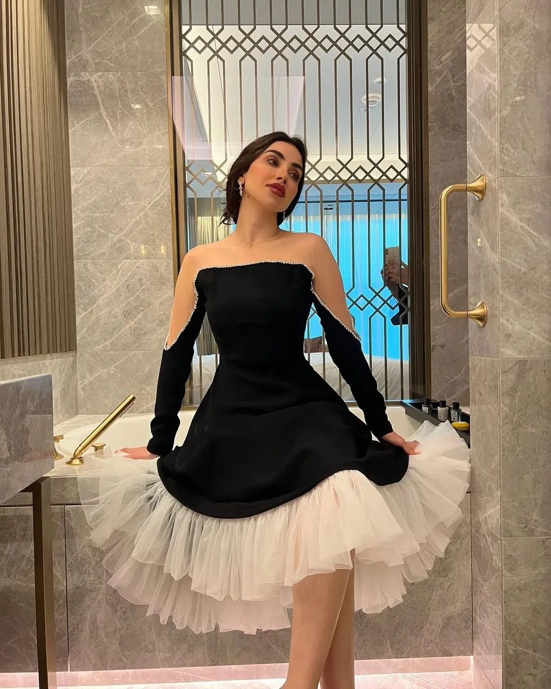 

Merida Fleshcolor Black Prom Dresses Shiny Beads Ruffle Long Sleeves Tea-Length Formal Elegant Party Dresses For Women 2024