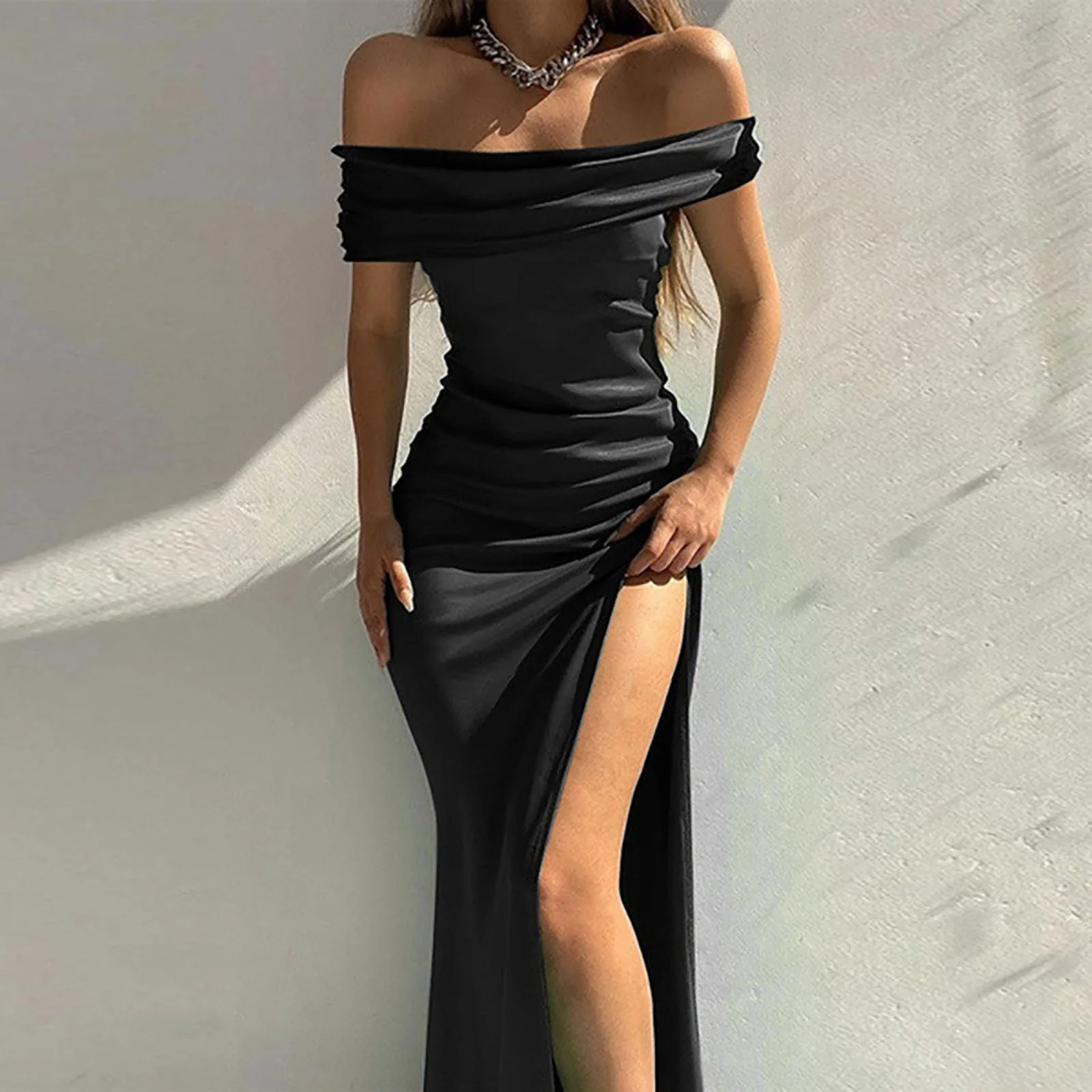 

Fashion Solid Color Short Sleeve One Neck High Slit Sexy Formal Dress Women Evening Prom Feminino Vestido Gala Chic