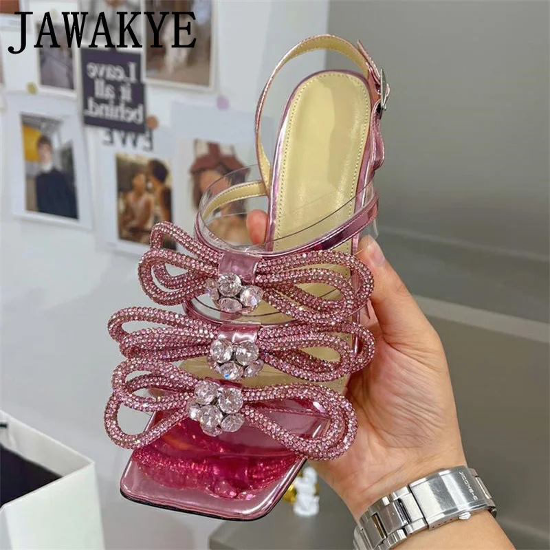 

Luxury Runway Crystal Bow Knot Sandals Woman Clear Sandals Square Toe Bling Runway High Heels Party Wedding Shoes For Women