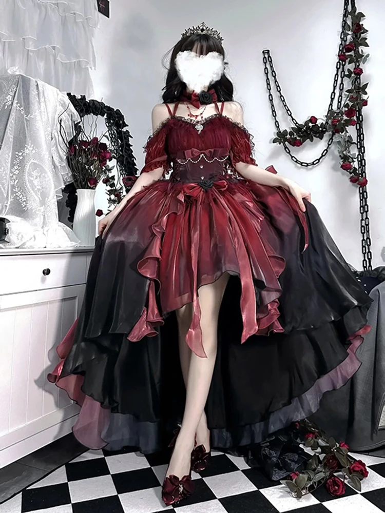 

Red Flower Wedding Heavy Industry Trailing Lolita Dress Fluffy Western Style