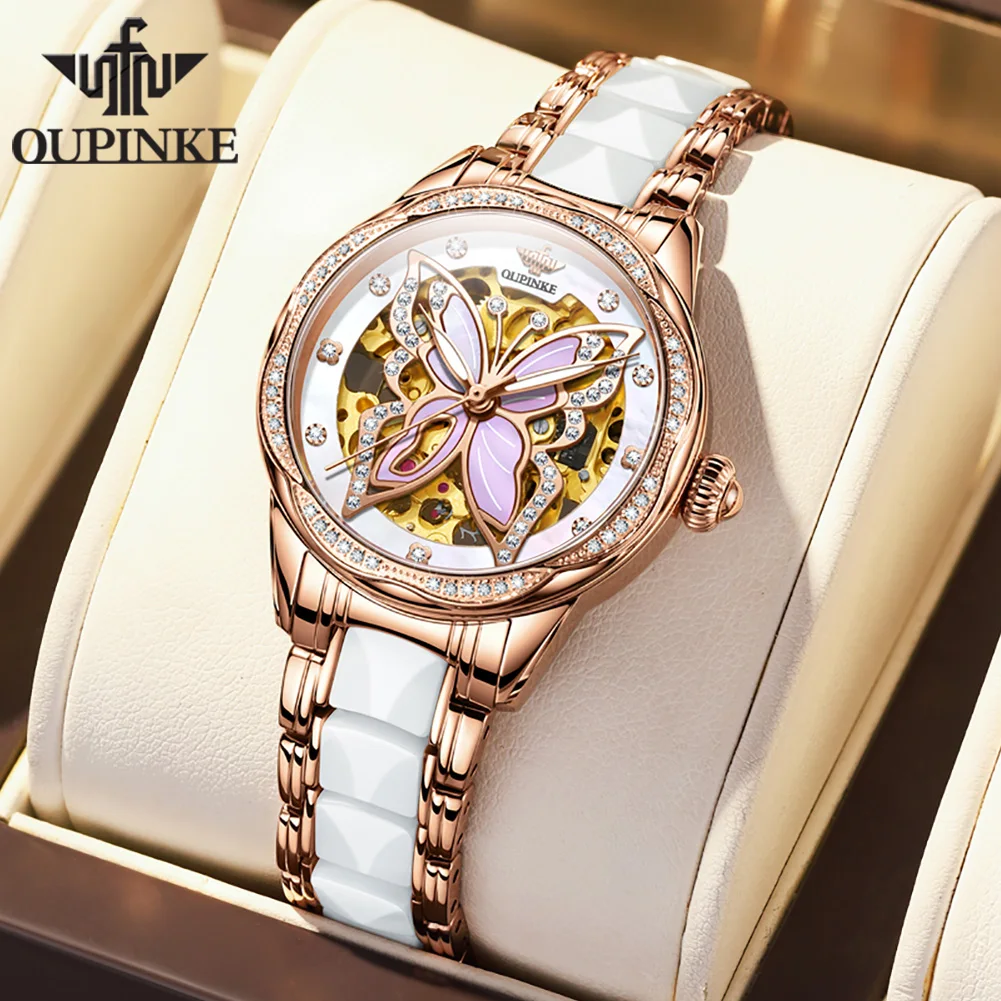 

OUPINKE Automatic Mechanical Watch For Women Swiss Movement Sapphire Mirror Butterfly Skeleton Ladies Wristwatch Reloj Mujer