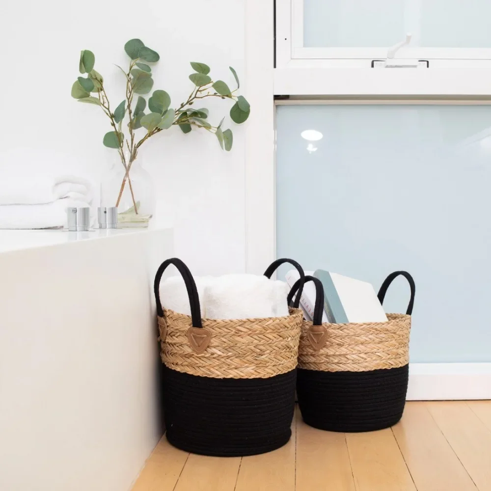 Set of 2 Round Storage Basket, Braided Seagrass & Cotton Rope, (MD + SM), Natural & Black
Set of 2 Round Storage Basket, Braided Seagrass & Cotton Rope, (MD + SM), Natural & Black