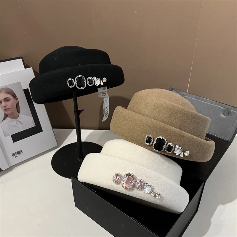 High quality rhinestone wool top hat Korean version versatile beret fashion retro style painter's hat church dress bucket hat 49 Mallzona S8f39c412a9f649d9ab4b7dd50be11a025 High quality rhinestone wool top hat Korean version versatile beret fashion retro style painter's hat church dress bucket hat Mallzona