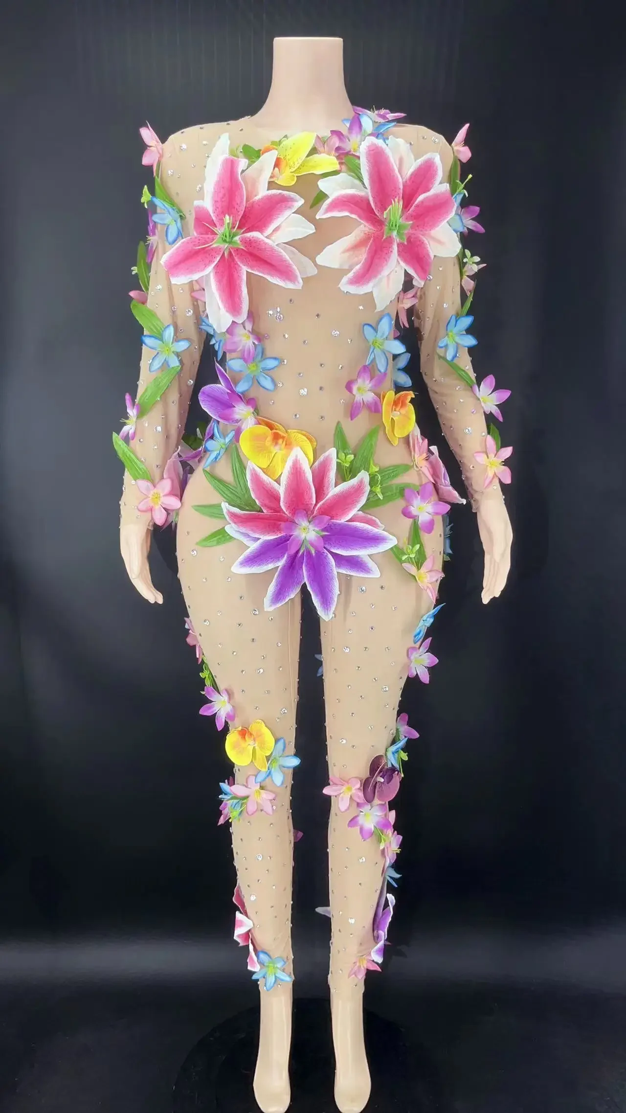 

Women Sparkly Rhinestones Nude Mesh Transparent Flowers Jumpsu Party Birthday Wedding Party Nightclub Show Stage Wear Plus Size